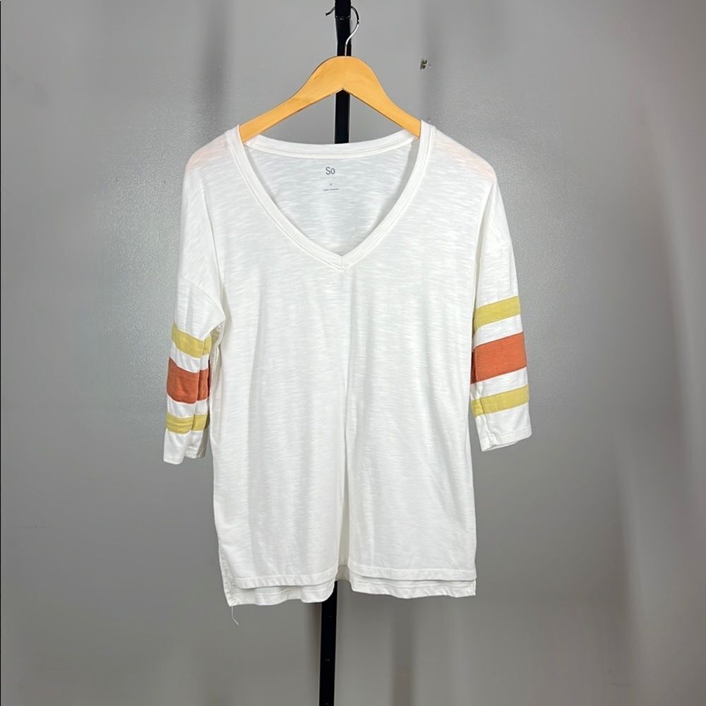 SO White V-Neck Tee with Striped Sleeves